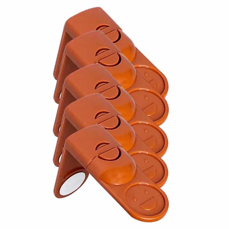 Plastic orange safety buckle for secure drawer locks