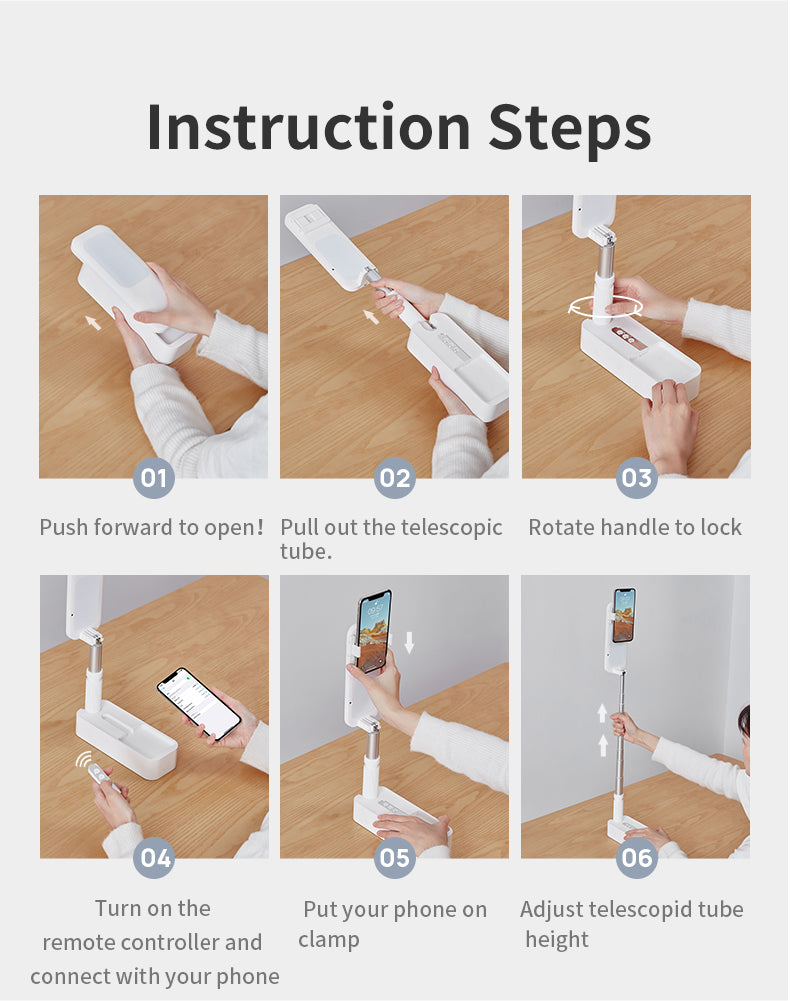 Retractable stand for phone with built-in lights for a clear display  - Instructions