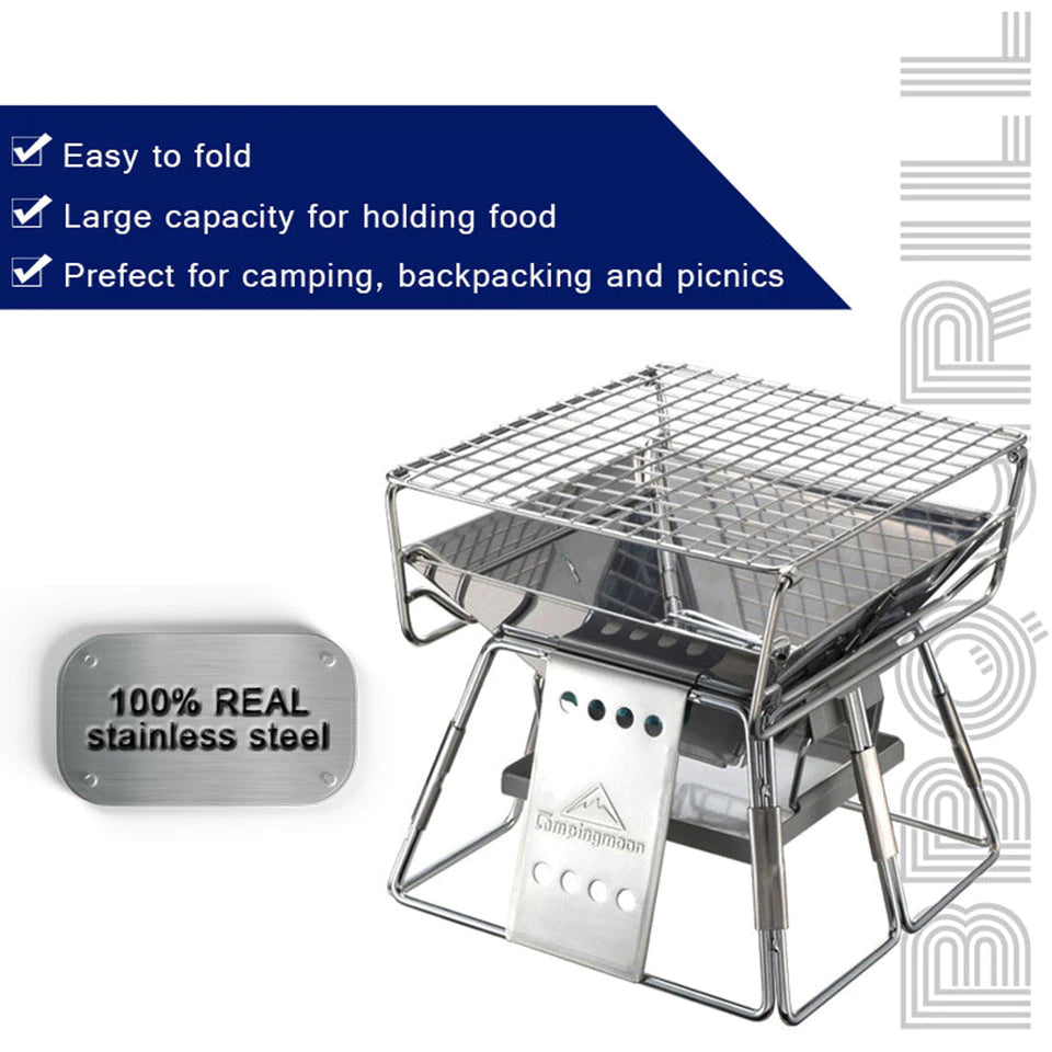 Upgrade your outdoor cooking game with our portable, stainless steel, and non-stick surface folding BBQ grill.