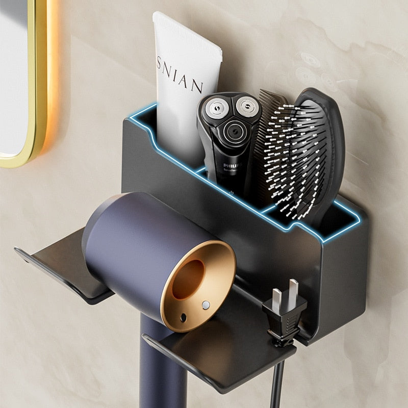 Bathroom accessories: hair dryer holder with fan and storage shelf