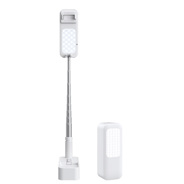 Retractable stand for phone with built-in lights and Bluetooth for streaming