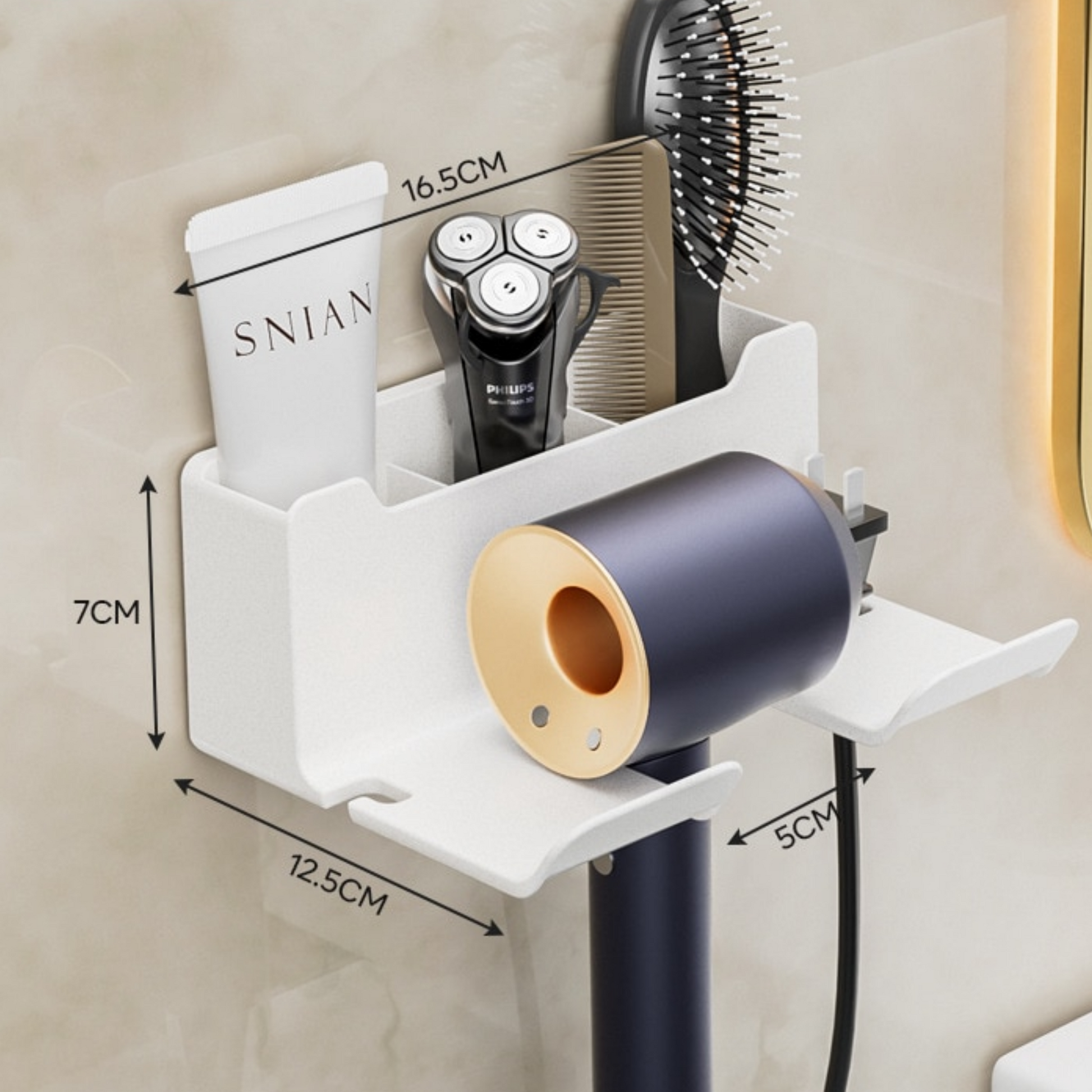 Wall-mounted hair dryer bracket with storage shelf and fan hanger - dimensions