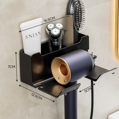 Space-saving wall-mounted hair dryer storage with fan and shelf
