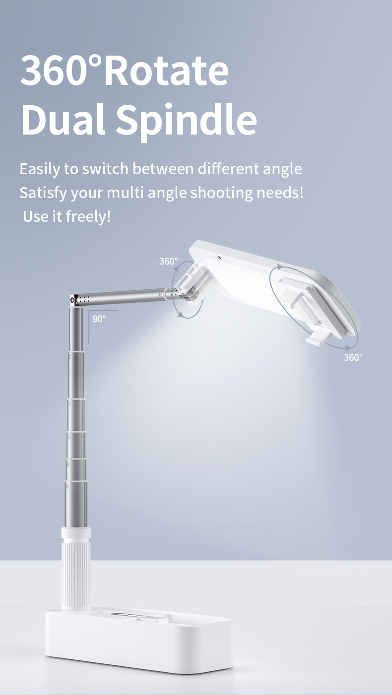 Retractable stand for phone with built-in lights and Bluetooth for easy streaming